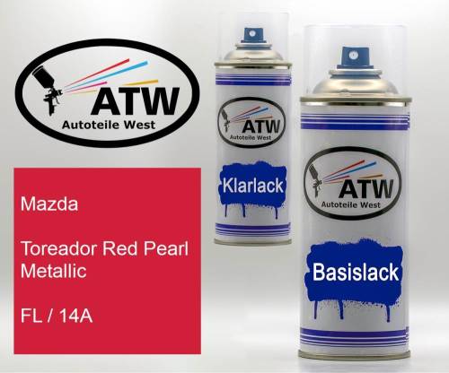 Mazda, Toreador Red Pearl Metallic, FL / 14A: 400ml Sprühdose + 400ml Klarlack - Set, von ATW Autoteile West.